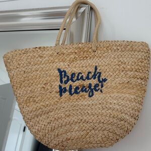 Nordstrom Tan Woven Shoulder Bag with Blue Text